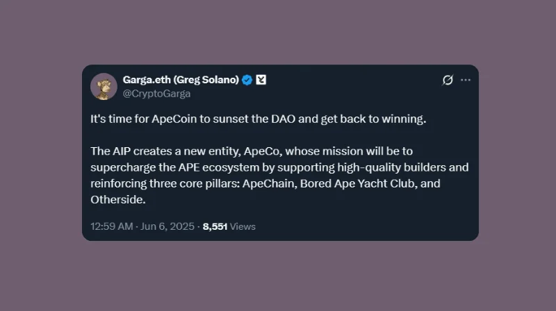 Yuga Labs CEO Greg Solano Proposes Dissolution of ApeCoin DAO