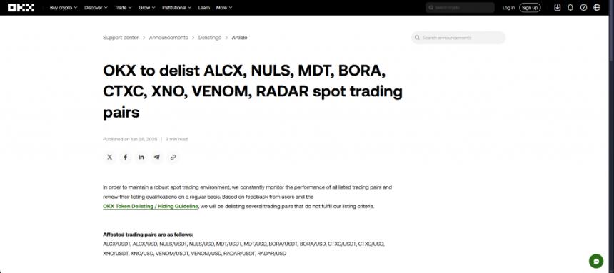 OKX delisting announcement