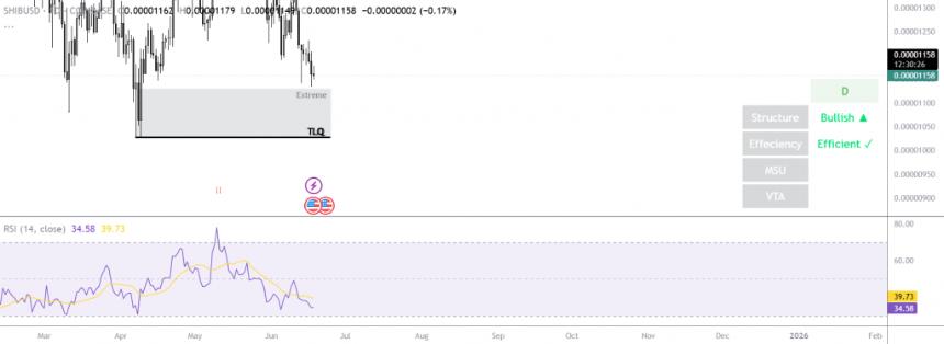 SHIB价格图表显示两个月低点及技术指标
