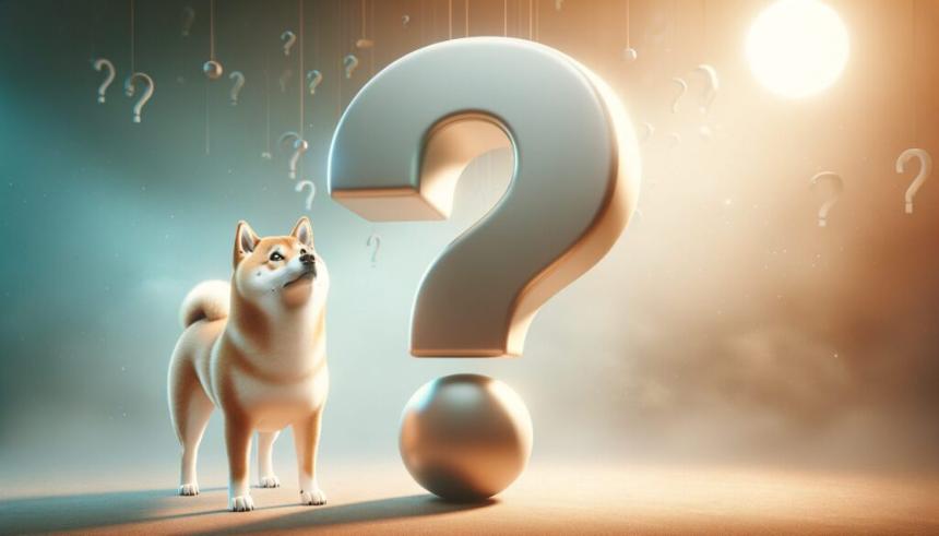 Shiba Inu狗抬头看向巨大的问号,背景中有小问号