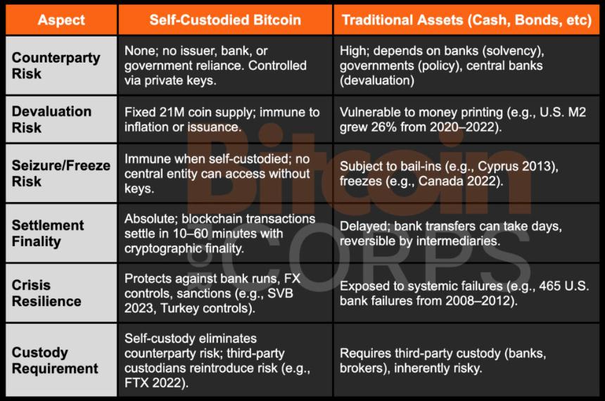 How Bitcoin Reduces Counterparty Risk in Corporate Treasury Strategy 1 Bitcoin Counterparty Risk Comparison vs Traditional Assets like Cash and Bonds