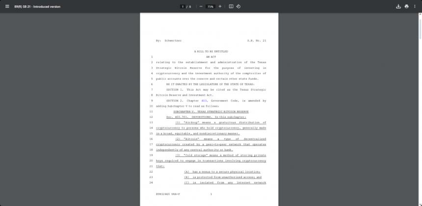 德克萨斯战略比特币储备 bill text