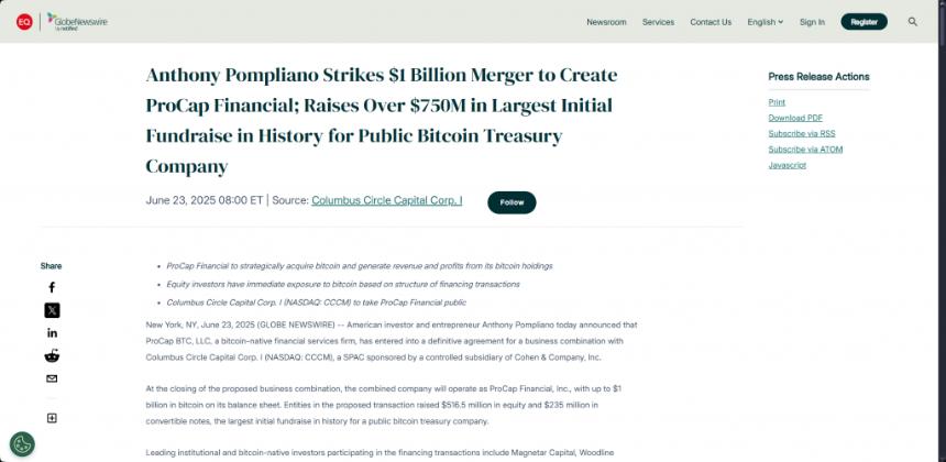Bitcoin treasury merger announcement