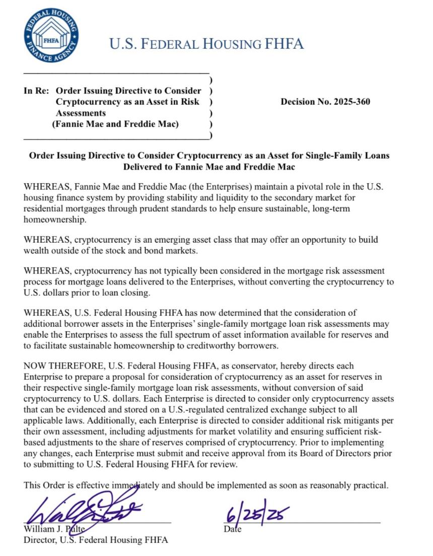 联邦住房金融局局长威廉·普尔特下令将加密货币计入抵押贷款资产