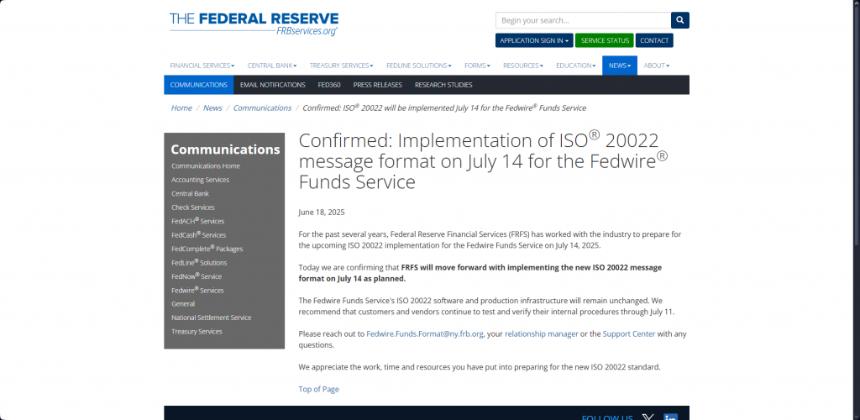 美联储官方 ISO 20022 实施公告