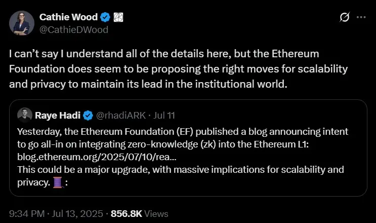 Cathie Wood 支持以太坊的 ZK 推进,表示‘数学就是数学’