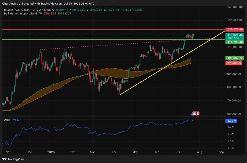  比特币价格分析：随着压力加剧，BTC 面临 12 万美元阻力 