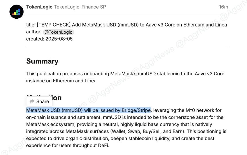 Proposal highlighting imminent MetaMask USD stablecoin | Source X