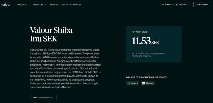 Valour Shiba Inu ETP产品页面显示其净资产价值为11.53瑞典克朗,且可在Avanza和Nordnet经纪商处购买