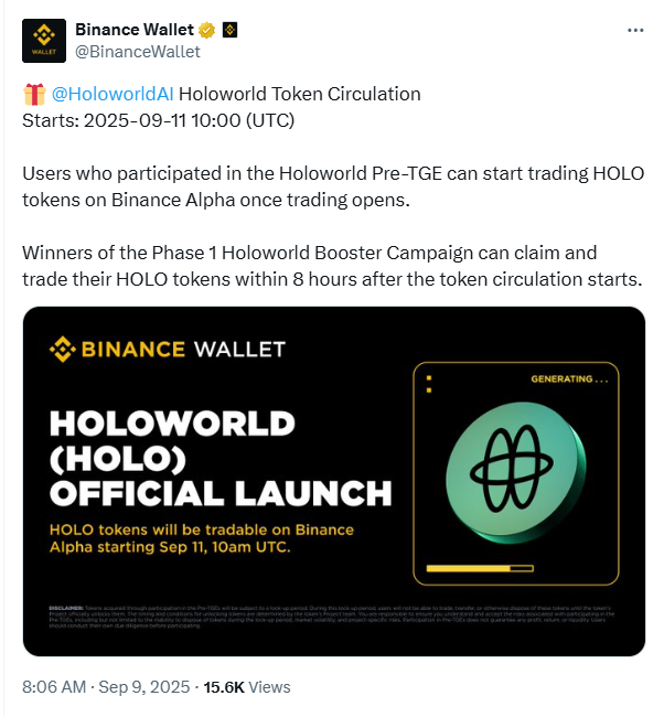  HOLO 代币交易将于 2025 年 9 月 11 日在币安 Alpha 平台上启动 