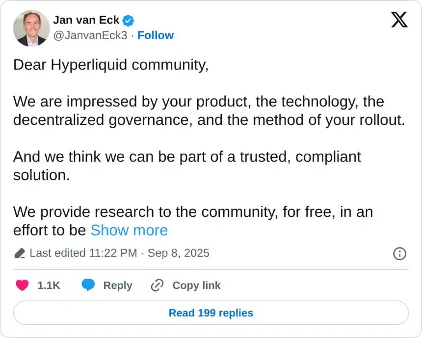  Jan Van Eck 呼吁 Agora 加入 Hyperliquid 的 USDH 稳定币竞赛 