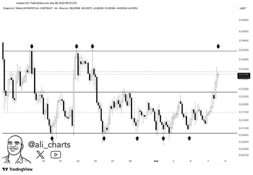 A candlestick chart displaying Dogecoin price movements over time, with vertical lines 和 arrows marking key levels. The chart includes price levels ranging from 0.2000 to 0.2420 on the y-axis and dates from September 16 to October 7 on the x-axis. A watermark from TradingView is visible, along with text overlay reading "@ali_charts" and "Dogecoin $DOGE targets the top of the channel at $0.242!".