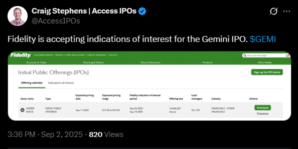 Gemini 交易所申请纳斯达克 IPO,估值达 22.2 亿美元