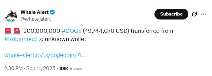Dogecoin Whale Transaction from Robinhood