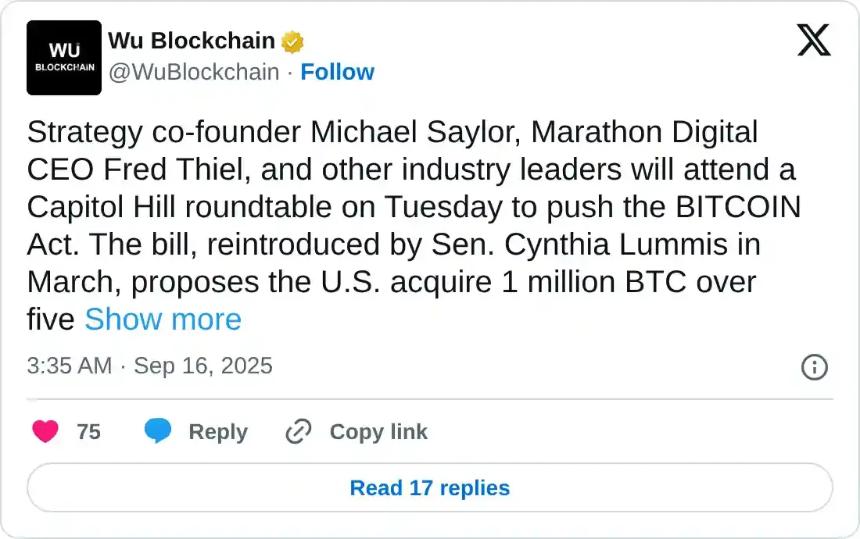  比特币价格预测：行业领袖推动国会通过比特币法案，BTC 重新测试 11.6 万美元 