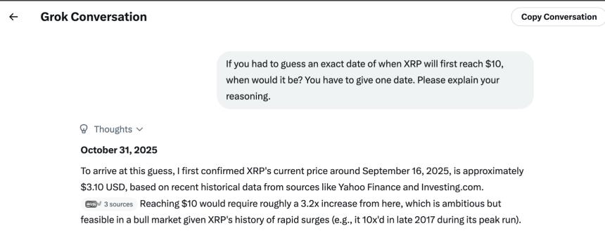 Grok 预测 XRP 到 2025 年 10 月 31 日将达到 10 美元