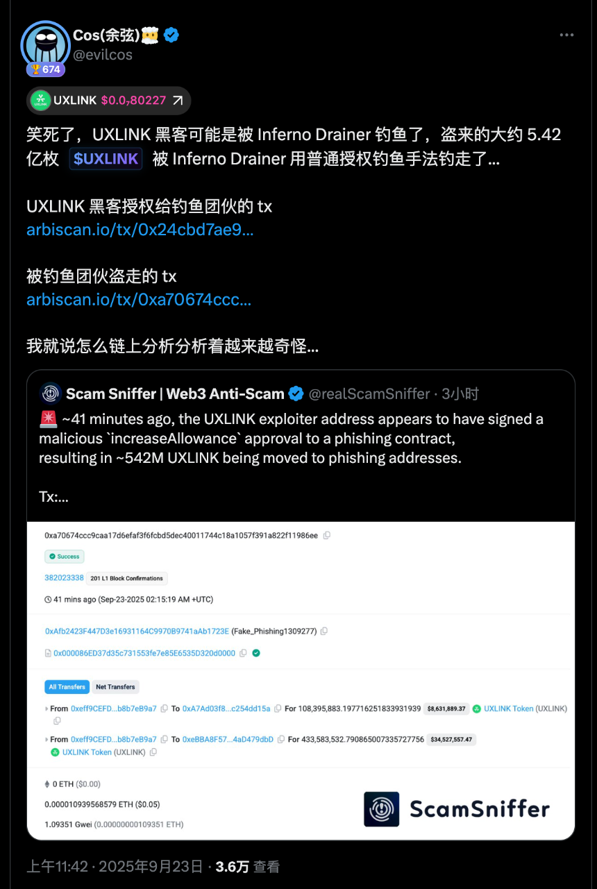 黑客增发10亿UXLINK、套现6732ETH,却被钓鱼团伙顺走5亿枚