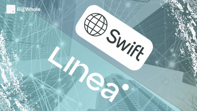 A digital graphic with a cityscape background featuring tall buildings and network lines. A white rectangular badge with a globe icon and the text "Swift" is prominently displayed. The text "Linea" appears in large white letters below the badge. The BigWhale logo is visible in the top left corner.
