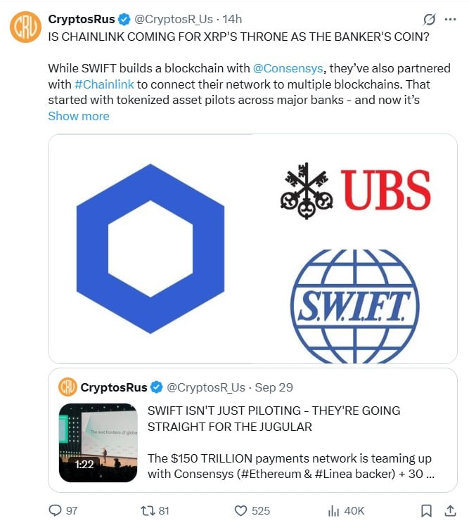 Chainlink会取代XRP成为银行家的货币吗？SWIFT和瑞银试点项目指明了方向