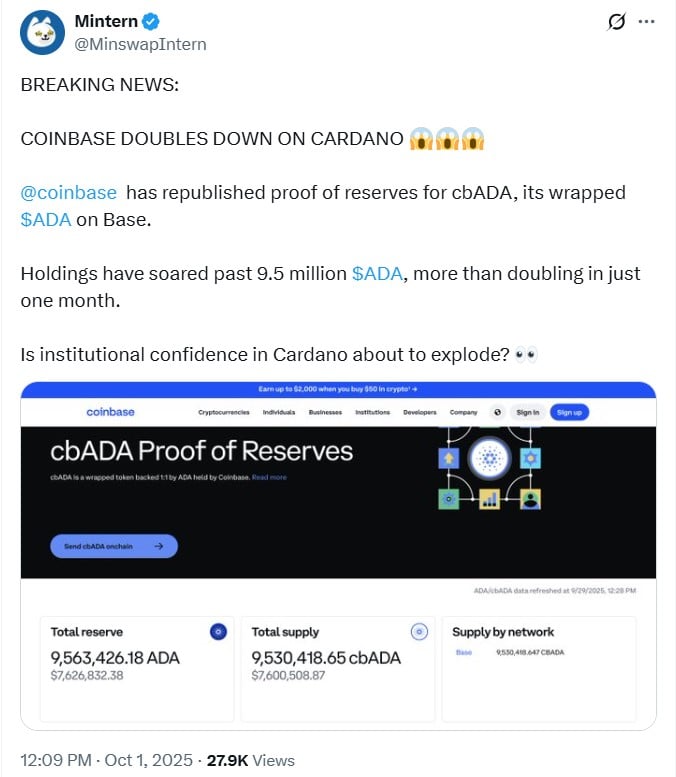 Coinbase ADA 储备在一个月内翻倍,突破 950 万