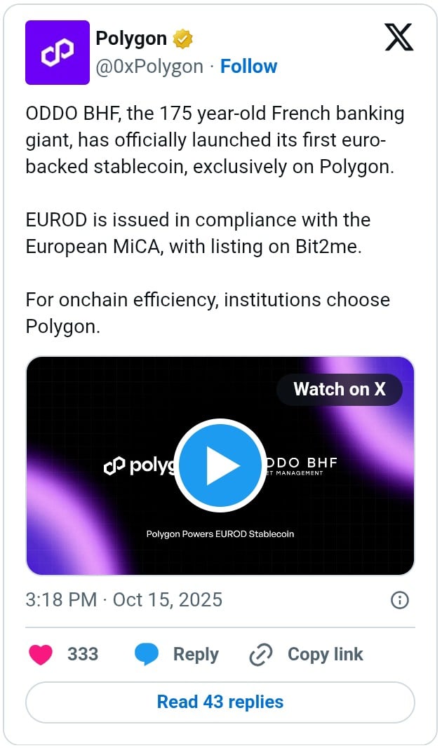 法国百年银行ODDO BHF在Polygon网络推出欧元稳定币EUROD