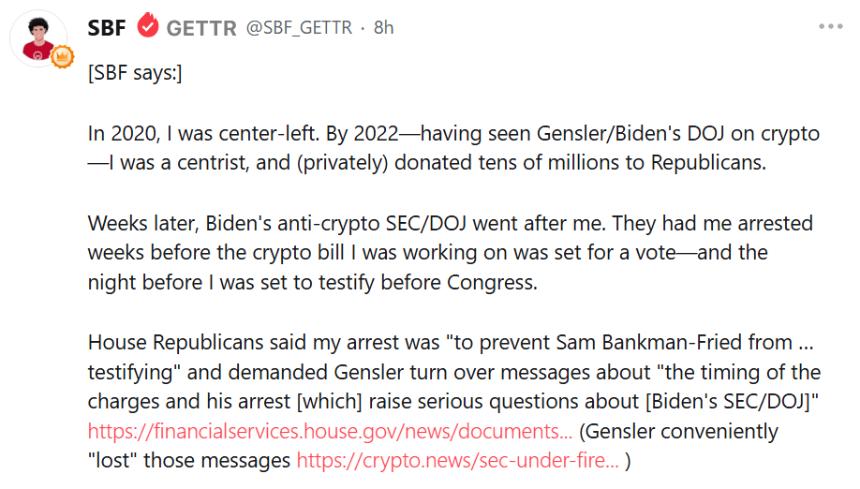 SBF声称逮捕他是出于政治动机