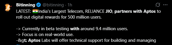 Reliance Jio 携手 Aptos 推动印度 Web3 数字化革命