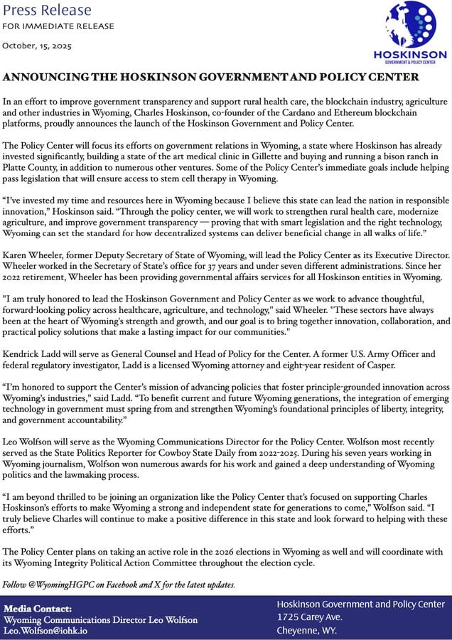 Cardano联合创始人Charles Hoskinson成立政策中心，推动区块链、医疗卫生和农业发展