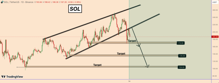 Solana价格形成更大看跌趋势后，面临暴跌50%至104美元的风险