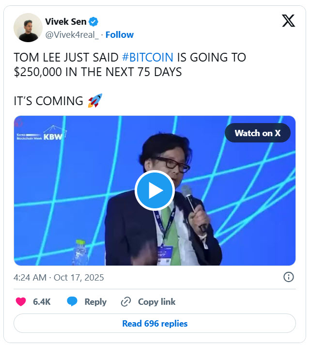 Tom Lee 预测比特币将在 76 天内突破 250,000 美元！