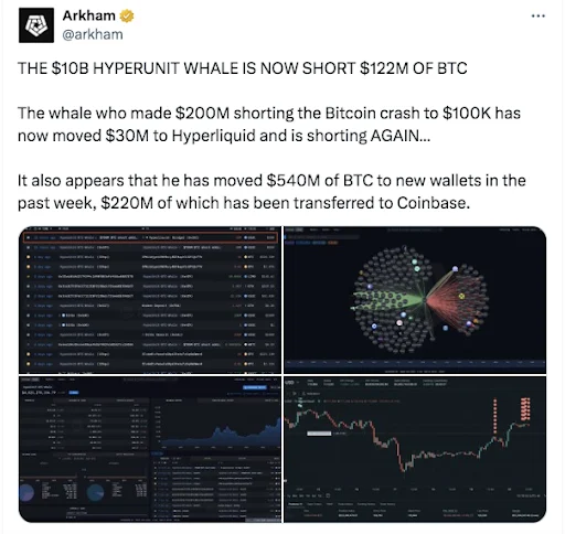比特币巨鲸在上次暴跌中获利 2 亿美元，再次开启 BTC 空头仓位