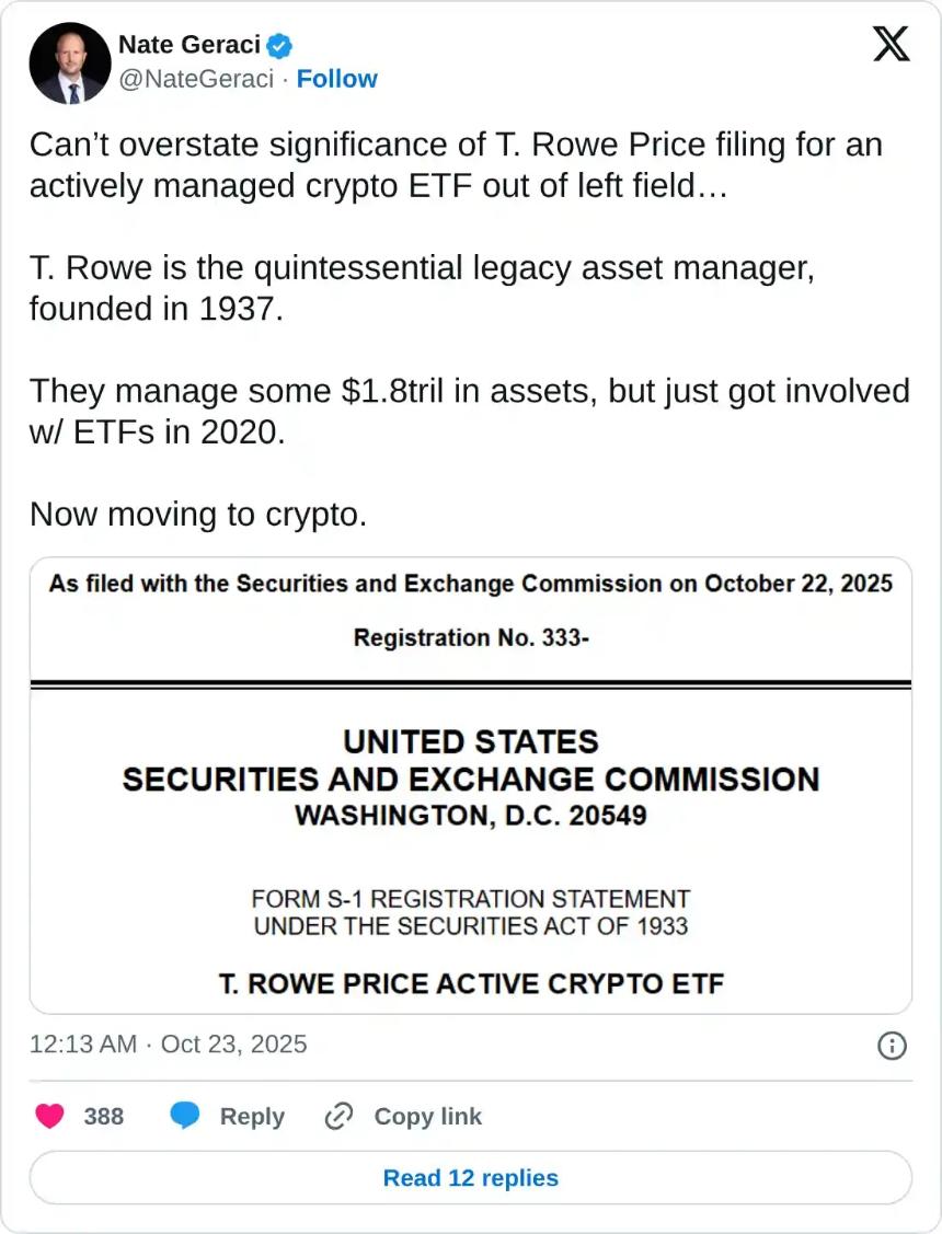 监管延迟导致普信集团申请积极管理型加密货币 ETF