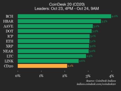 CoinDesk 20指数表现更新:比特币现金(BCH)领涨4%,市场整体上扬