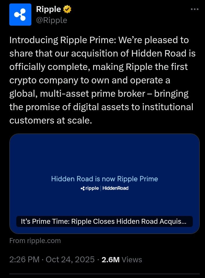 Ripple 完成对 Hidden Road 的收购,Brad Garlinghouse 重申对 XRP 的坚定承诺