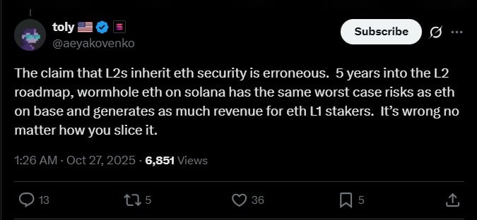 Solana联合创始人质疑以太坊L2安全性，称其“存在根本性缺陷”