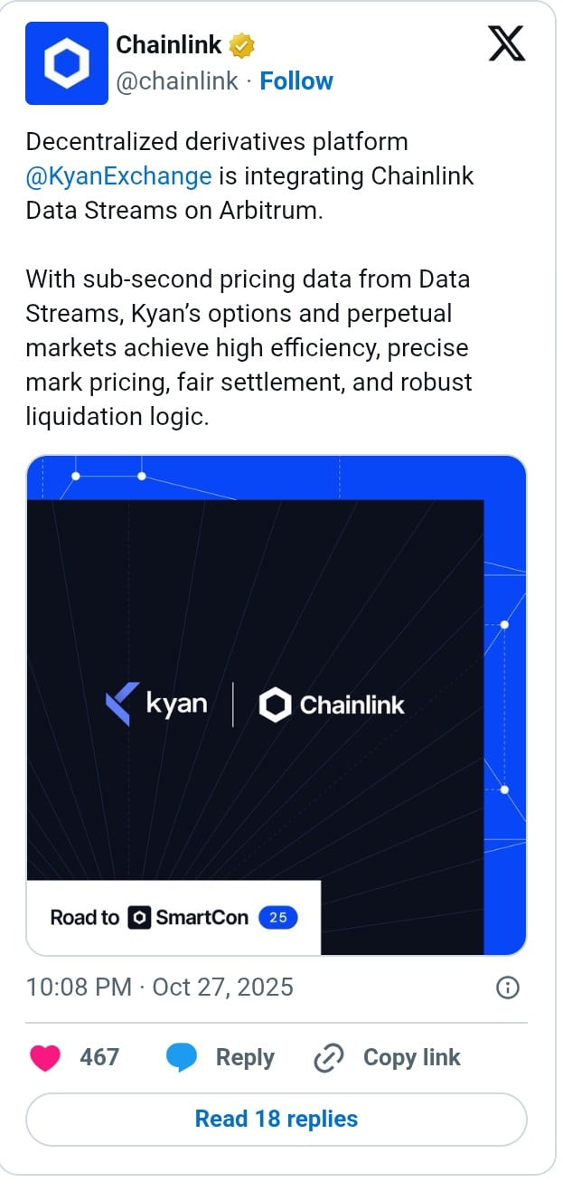 Chainlink 扩展其应用范围,与 Streamex 和 Kyan Exchange 集成,支持 Solana、Base 和 Arbitrum