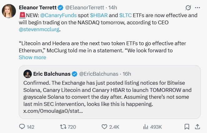 Bitwise、Canary 和 Grayscale 将于本周推出 Solana、莱特币和 HBAR ETF