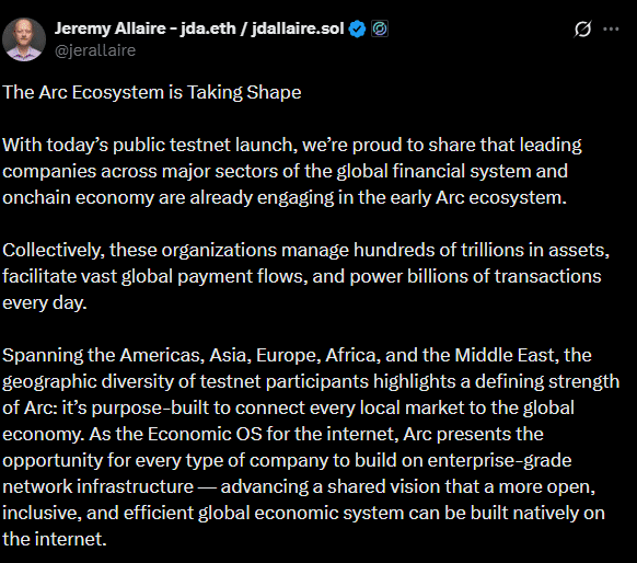  Circle 正式推出其支付型区块链 Arc 的公开测试网——详情 