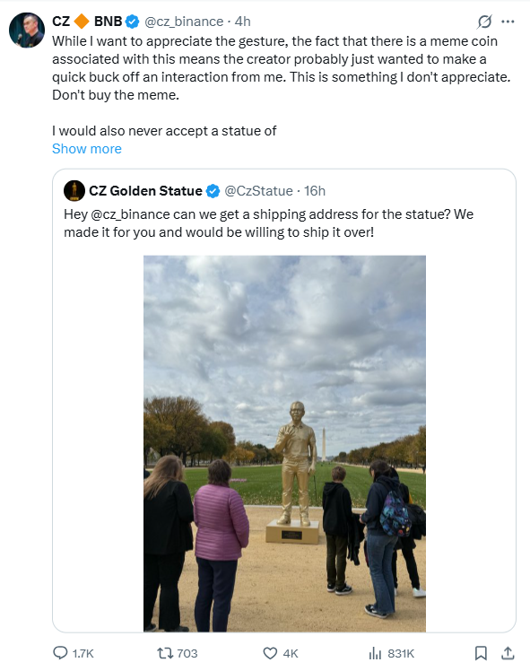  CZ拒绝了与表情包相关的雕像礼物 