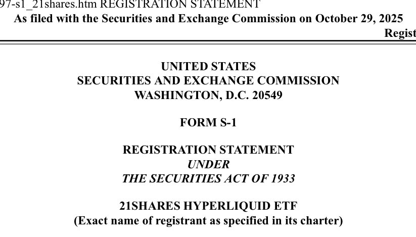 21Shares提交了超流动性ETF（HYPE）的申请，价格周涨幅达40%。