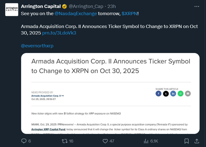 XRPN正式登陆纳斯达克：Evernorth SPAC交易启动，XRP国库计划加速推进