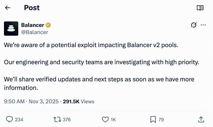  Balancer 被黑导致六条区块链资金流失 1.28 亿美元，迫使 Berachain 网络分叉 