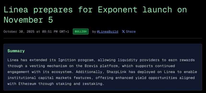 Linea Exponent 正式上线:LINEA 2025 年 11 月价格预测