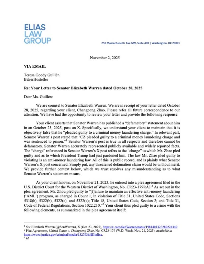  泄露的信件揭示了伊丽莎白·沃伦对币安创始人诽谤威胁的回应 