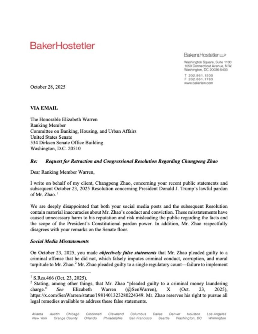  泄露的信件揭示了伊丽莎白·沃伦对币安创始人诽谤威胁的回应 