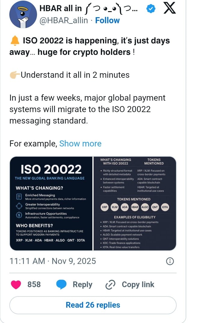 ISO 20022标准即将实施：XRP、XLM、IOTA和HBAR等代币或成最大赢家，能否引领加密货币市场新热潮？