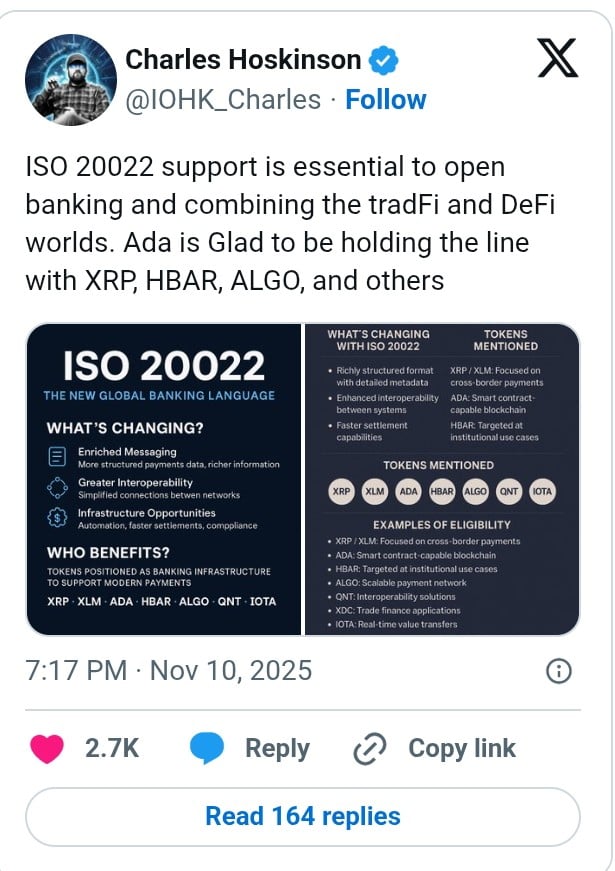 Cardano加入ISO 20022精英小组，创始人阐述其关键作用
