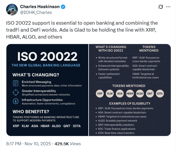  查尔斯·霍斯金森打破沉默，卡尔达诺加入 XRP 和 Hedera 的行列，符合 ISO 20022 标准 
