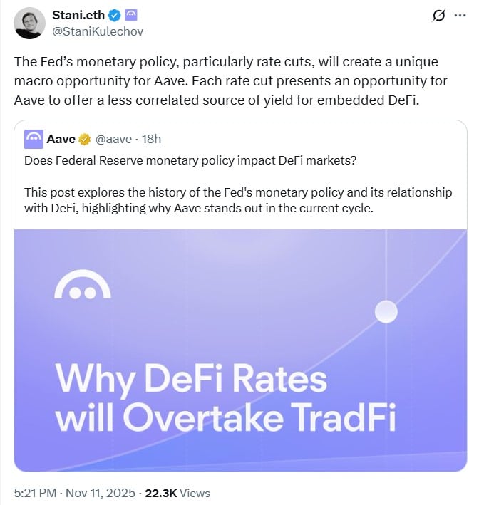 Aave有望从美联储降息中受益，DeFi收益机会进一步扩大