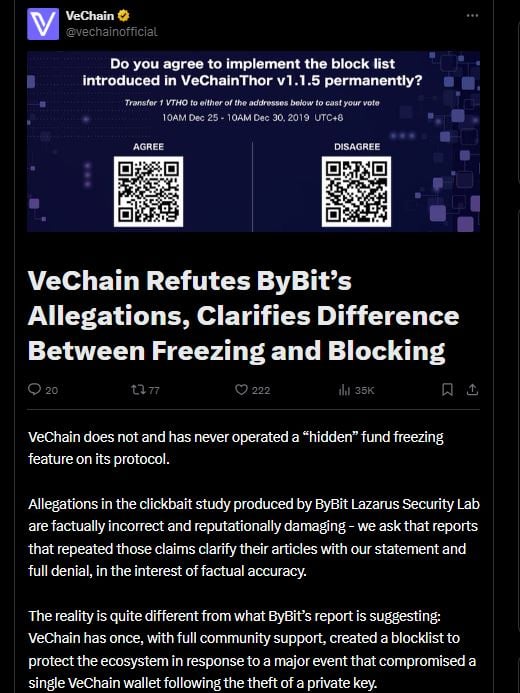  VeChain反驳Bybit关于冻结资金的说法，称其存在误解 